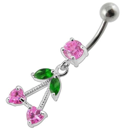 925 Sterling Silver Fancy Jewelled Double Heart Stone Dangling Belly Ring