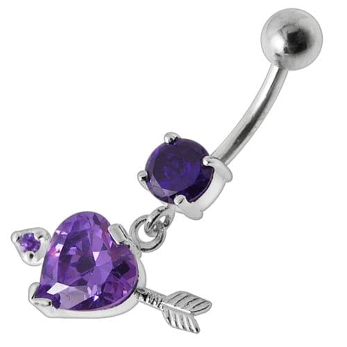 925 Sterling Silver Fancy Jewelled Arrow Heart Dangling Banana Bar Belly Ring