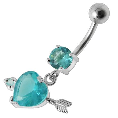 925 Sterling Silver Fancy Jewelled Arrow Heart Dangling Banana Bar Belly Ring