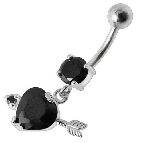 925 Sterling Silver Fancy Jewelled Arrow Heart Dangling Banana Bar Belly Ring
