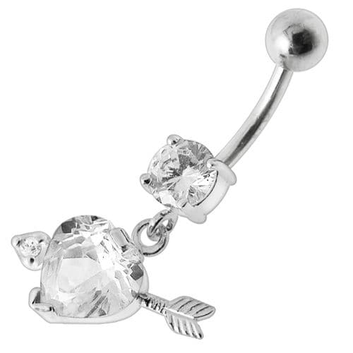 925 Sterling Silver Fancy Jewelled Arrow Heart Dangling Banana Bar Belly Ring