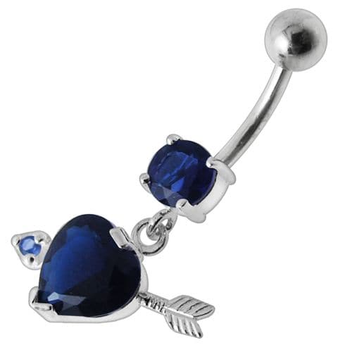 925 Sterling Silver Fancy Jewelled Arrow Heart Dangling Banana Bar Belly Ring