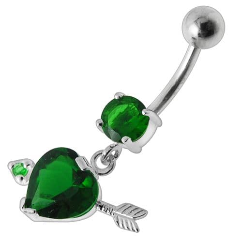 925 Sterling Silver Fancy Jewelled Arrow Heart Dangling Banana Bar Belly Ring