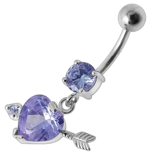 925 Sterling Silver Fancy Jewelled Arrow Heart Dangling Banana Bar Belly Ring