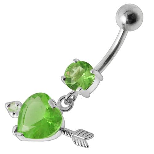 925 Sterling Silver Fancy Jewelled Arrow Heart Dangling Banana Bar Belly Ring