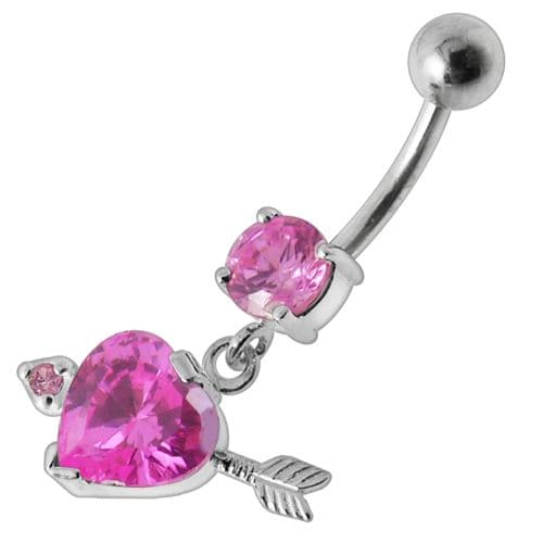 925 Sterling Silver Fancy Jewelled Arrow Heart Dangling Banana Bar Belly Ring