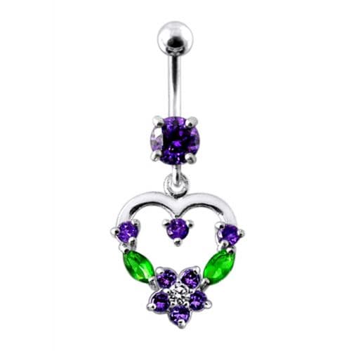 925 Sterling Silver Fancy Mix Colour Jewelled Heart Dangling SS Bar Belly Ring