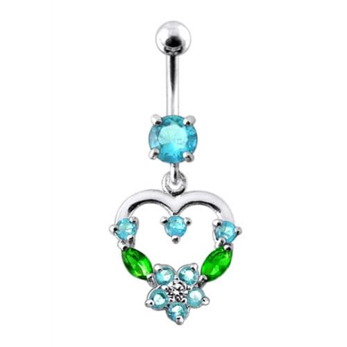 925 Sterling Silver Fancy Mix Colour Jewelled Heart Dangling SS Bar Belly Ring