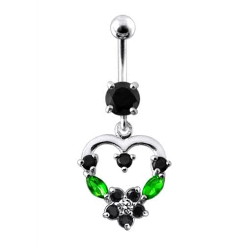 925 Sterling Silver Fancy Mix Colour Jewelled Heart Dangling SS Bar Belly Ring