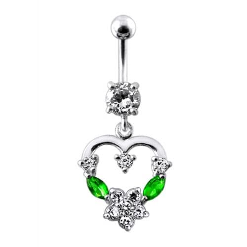925 Sterling Silver Fancy Mix Colour Jewelled Heart Dangling SS Bar Belly Ring