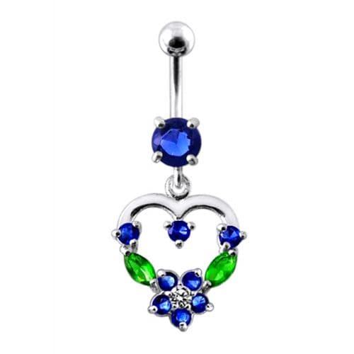 925 Sterling Silver Fancy Mix Colour Jewelled Heart Dangling SS Bar Belly Ring