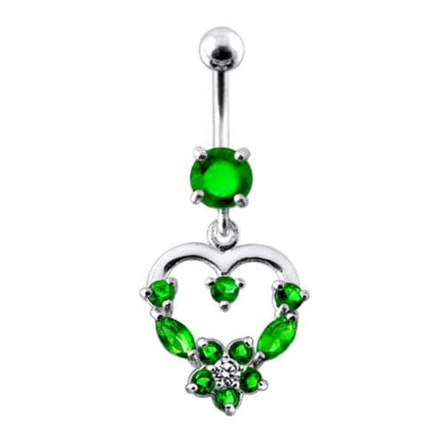 925 Sterling Silver Fancy Mix Colour Jewelled Heart Dangling SS Bar Belly Ring