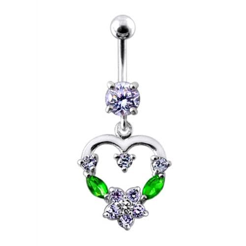925 Sterling Silver Fancy Mix Colour Jewelled Heart Dangling SS Bar Belly Ring