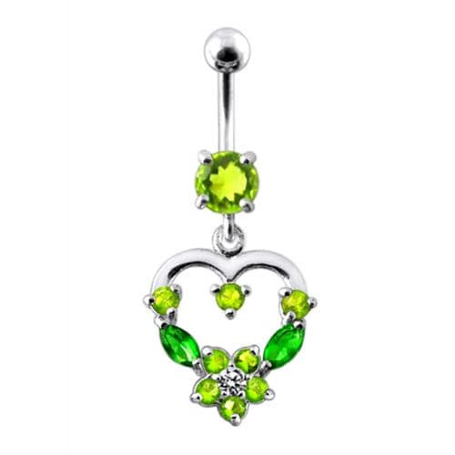 925 Sterling Silver Fancy Mix Colour Jewelled Heart Dangling SS Bar Belly Ring