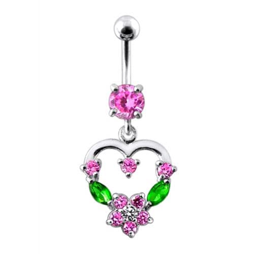 925 Sterling Silver Fancy Mix Colour Jewelled Heart Dangling SS Bar Belly Ring