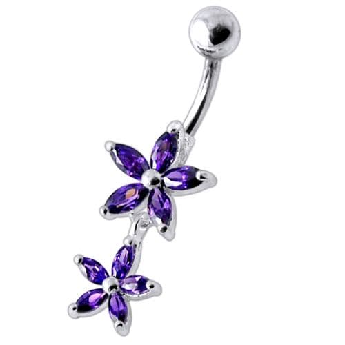 925 Sterling Silver Double Flower Jewelled Dangling Belly Ring