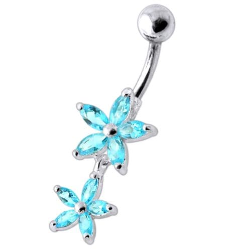 925 Sterling Silver Double Flower Jewelled Dangling Belly Ring