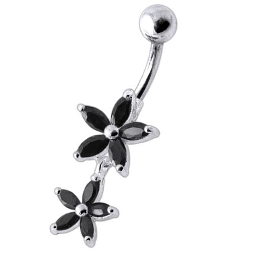 925 Sterling Silver Double Flower Jewelled Dangling Belly Ring