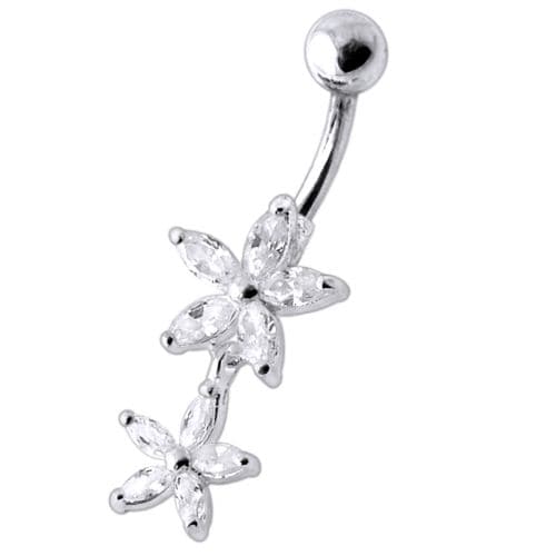 925 Sterling Silver Double Flower Jewelled Dangling Belly Ring