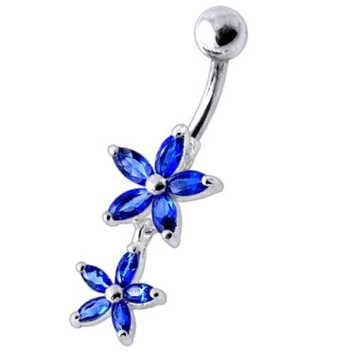 925 Sterling Silver Double Flower Jewelled Dangling Belly Ring