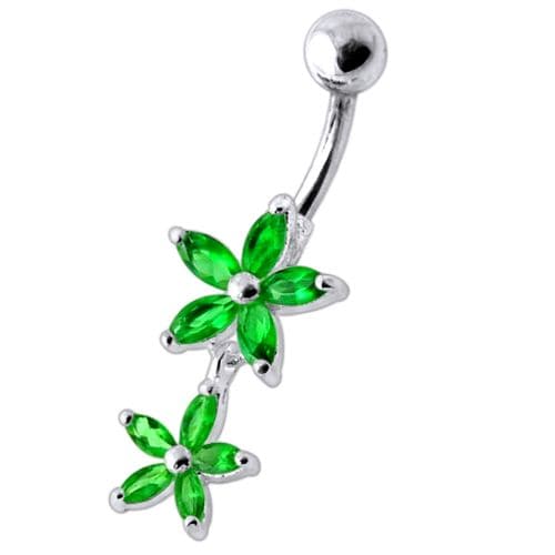 925 Sterling Silver Double Flower Jewelled Dangling Belly Ring