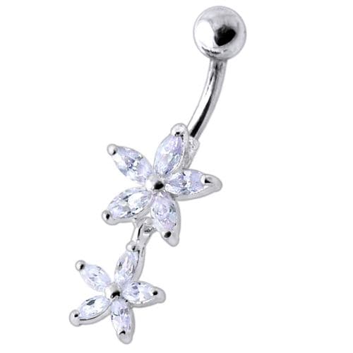 925 Sterling Silver Double Flower Jewelled Dangling Belly Ring