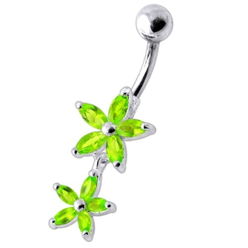925 Sterling Silver Double Flower Jewelled Dangling Belly Ring