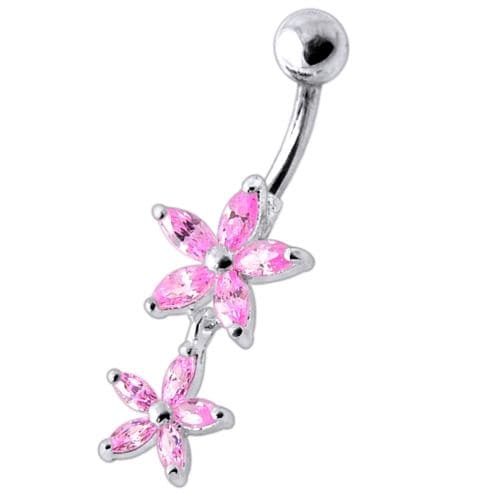 925 Sterling Silver Double Flower Jewelled Dangling Belly Ring