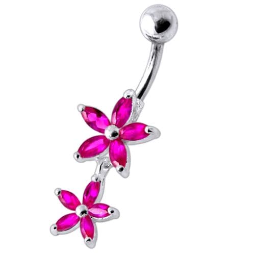 925 Sterling Silver Double Flower Jewelled Dangling Belly Ring