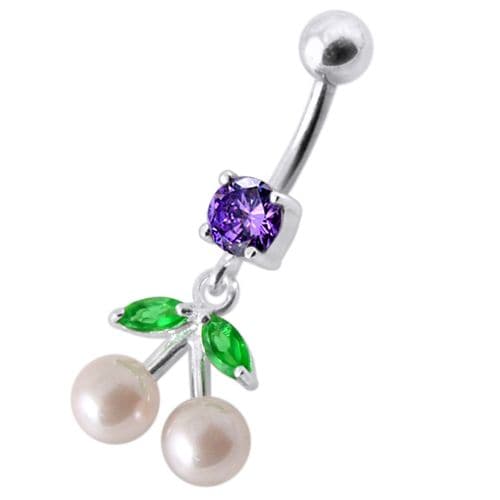 925 Sterling Silver Fancy Mix Jewelled PEARL Dangling With Curved Navel Ring