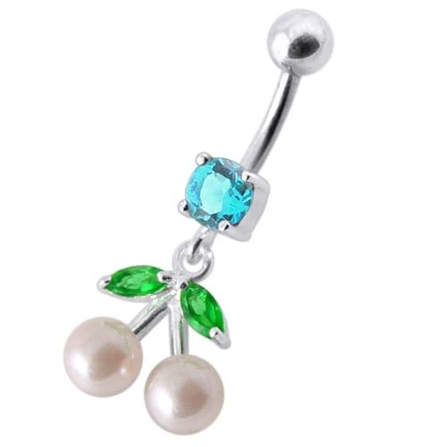 925 Sterling Silver Fancy Mix Jewelled PEARL Dangling With Curved Navel Ring