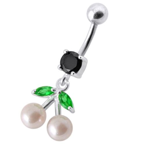925 Sterling Silver Fancy Mix Jewelled PEARL Dangling With Curved Navel Ring