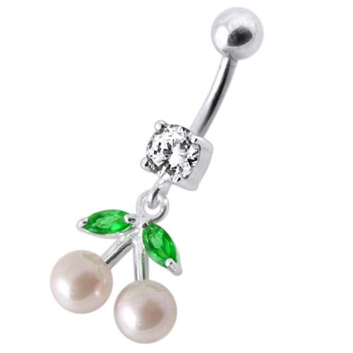 925 Sterling Silver Fancy Mix Jewelled PEARL Dangling With Curved Navel Ring