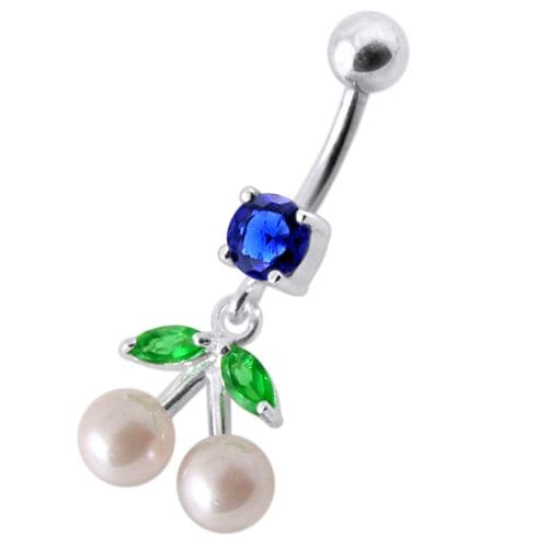 925 Sterling Silver Fancy Mix Jewelled PEARL Dangling With Curved Navel Ring