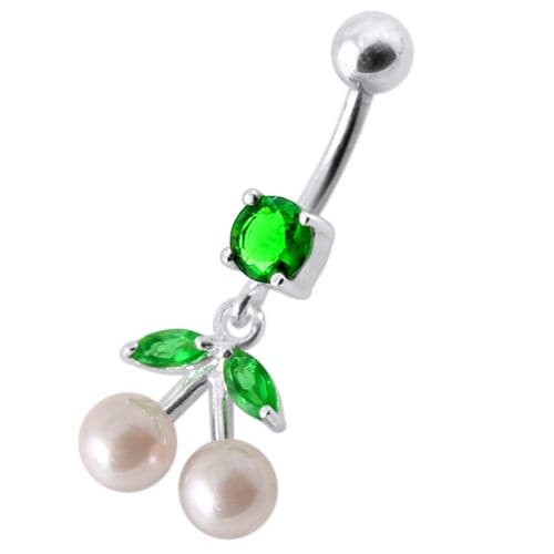 925 Sterling Silver Fancy Mix Jewelled PEARL Dangling With Curved Navel Ring