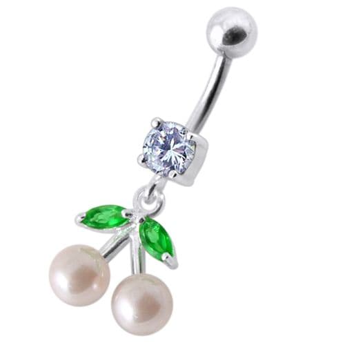 925 Sterling Silver Fancy Mix Jewelled PEARL Dangling With Curved Navel Ring