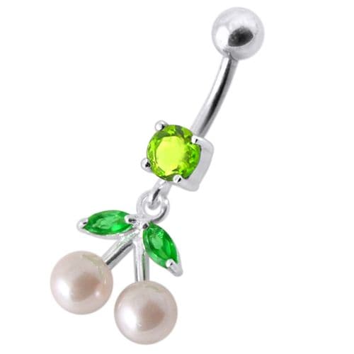 925 Sterling Silver Fancy Mix Jewelled PEARL Dangling With Curved Navel Ring