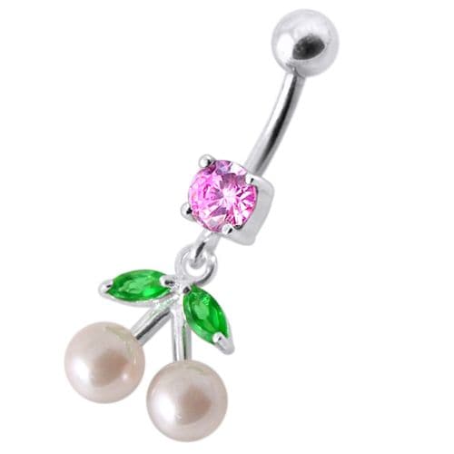 925 Sterling Silver Fancy Mix Jewelled PEARL Dangling With Curved Navel Ring