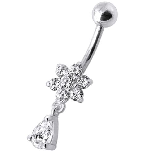 925 Sterling Silver Fancy Flower Silver Dangling With SS Belly Ring