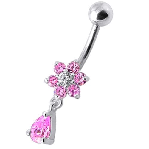 925 Sterling Silver Fancy Flower Silver Dangling With SS Belly Ring