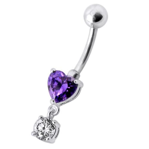925 Sterling Silver Fancy Heart Shape Jewelled Dangling Navel Ring Body Jewellery