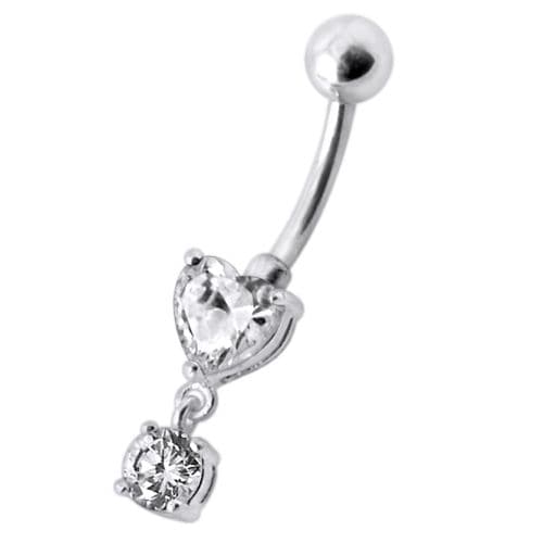 925 Sterling Silver Fancy Heart Shape Jewelled Dangling Navel Ring Body Jewellery