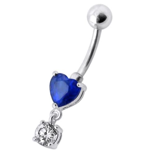 925 Sterling Silver Fancy Heart Shape Jewelled Dangling Navel Ring Body Jewellery
