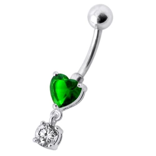 925 Sterling Silver Fancy Heart Shape Jewelled Dangling Navel Ring Body Jewellery