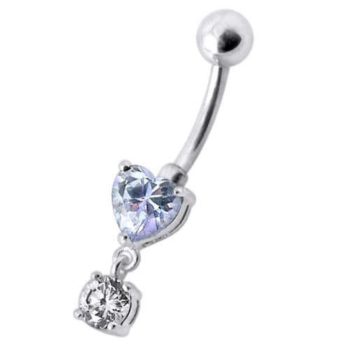 925 Sterling Silver Fancy Heart Shape Jewelled Dangling Navel Ring Body Jewellery