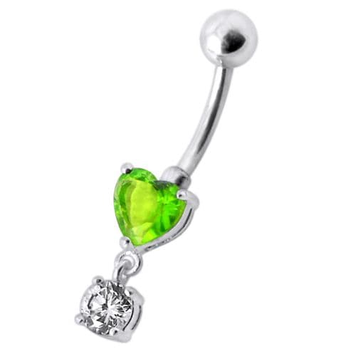 925 Sterling Silver Fancy Heart Shape Jewelled Dangling Navel Ring Body Jewellery