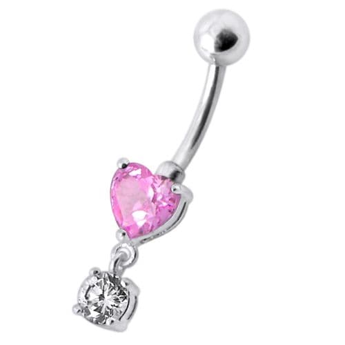 925 Sterling Silver Fancy Heart Shape Jewelled Dangling Navel Ring Body Jewellery