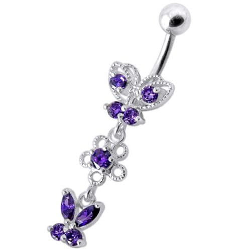 925 Sterling Silver Fancy Design Multi Jewelled Dangling SS Bar Navel Ring