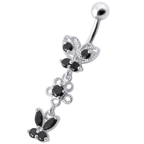 925 Sterling Silver Fancy Design Multi Jewelled Dangling SS Bar Navel Ring