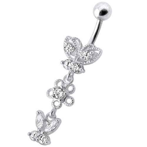925 Sterling Silver Fancy Design Multi Jewelled Dangling SS Bar Navel Ring
